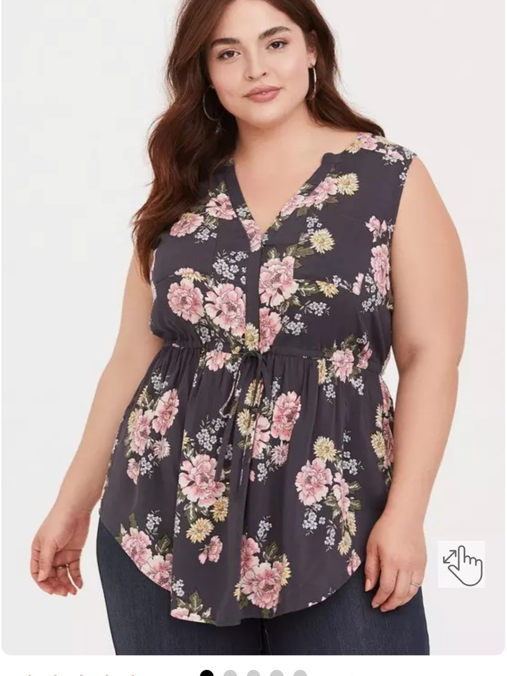 Emma Challis Babydoll Tunic Top - Dark Charcoal with Pink Bloom